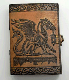 Dragon Holding Lantern Leather Embossed Journal with Aged Looking Handmade Linen Parchment Paper